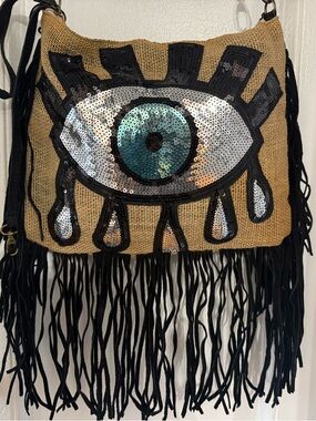 Sequin Evil Eye Fringe Crossbody Bag - Black & Natural